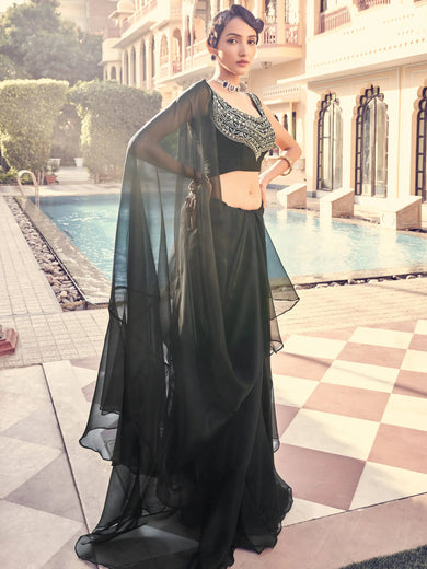 Dazzling Black Sequines Organza Cocktail Party Frill Saree With Blouse